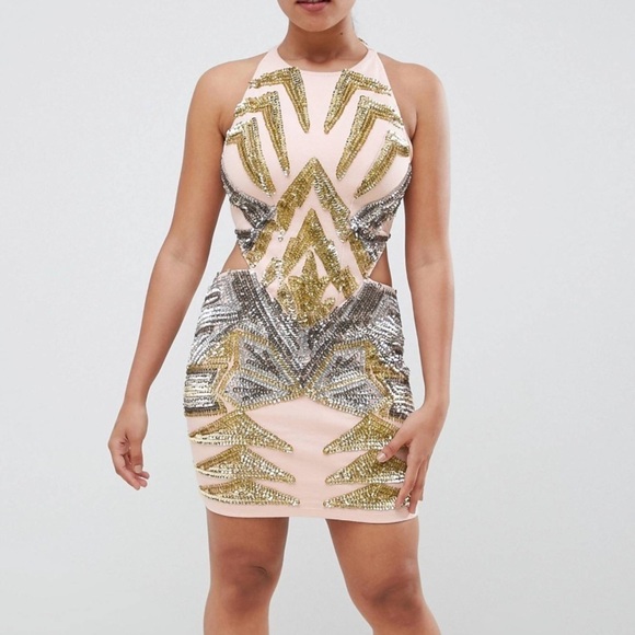 ASOS Design Nude Pink Cut Out Embellished Sequined Mini Dress - Picture 1 of 8